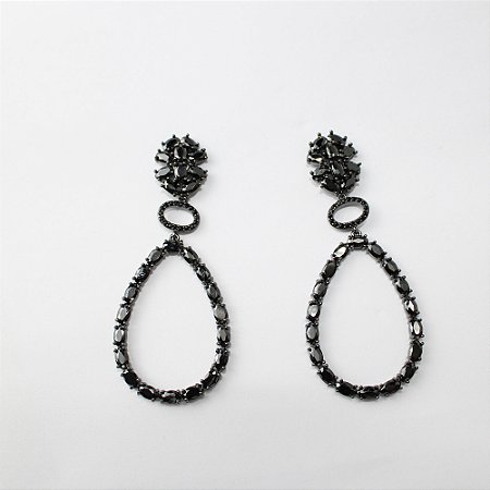 Brinco de Metal Vazado Gota Longo Ródio Negro e Preto