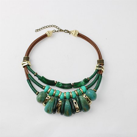 Colar de Metal Curto Mix de Resinas Turquesa e Dourado