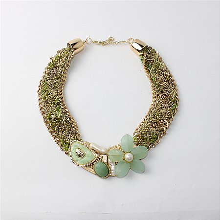 Colar Maxi de Metal Entrelaçado com Flor Verde Claro e Dourado