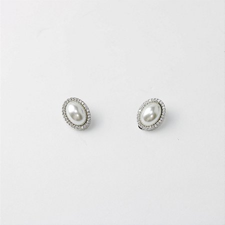 Brinco Metal Pressão Oval Pérola e Zircônia