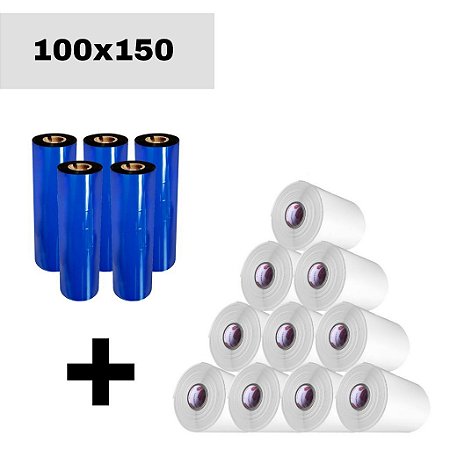 Kit 10 Rolos Etiqueta Couchê 10x15 + 5 Ribbons Cera / Resina 11x74