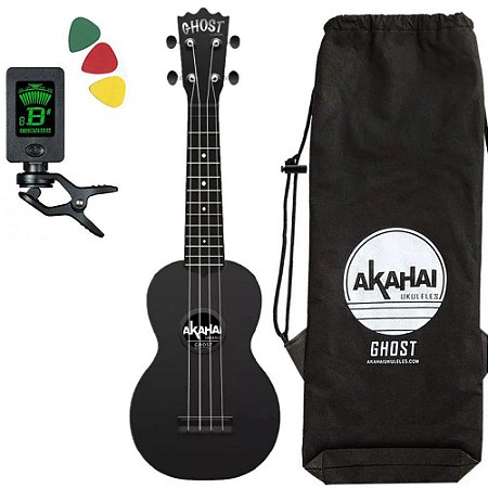 Ukulele Ghost Akahai preto fosco Soprano capa + afinador