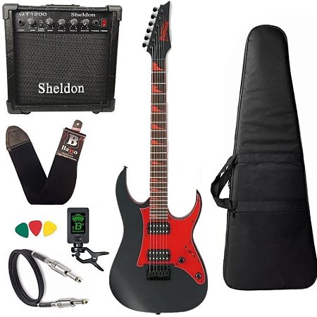 Kit Guitarra Ibanez Grg 131dx Preta escudo vermelho + cubo