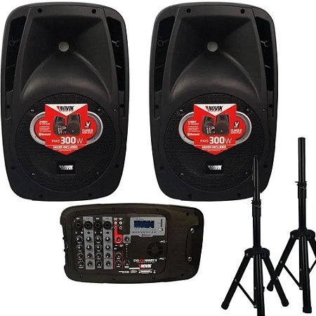Caixas De Som + Mesa + Microfone + pedestal Kit Novik Evo410