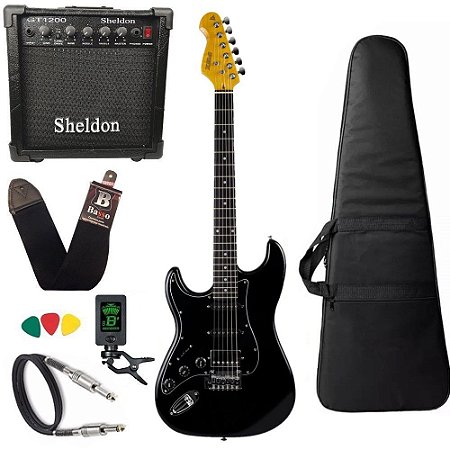 Kit Guitarra Canhota Phx Strato Power Premium preto + caixa