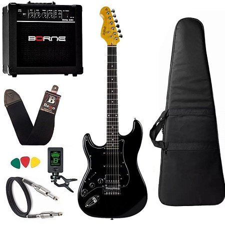 Kit Guitarra Canhota Phx Strato Power Hss Premium Bk + Borne