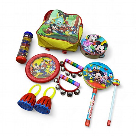 Kit Musicalização Mickey KTM-6 pau de chuva pandeiro batuque chocalho + mochila