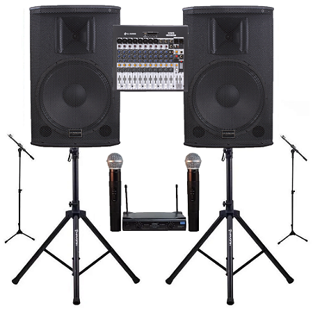Kit Igreja Donner Saga 12 + pedestais + Mesa 10 canais 2 mic s/ fio