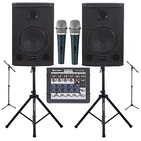 Kit Caixa de som igreja Donner 8" Mesa pedestais 2 microfones profissionais