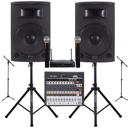 Kit Igreja Donner Saga 15 + pedestais + Mesa 12 canais 2 mic s/ fio