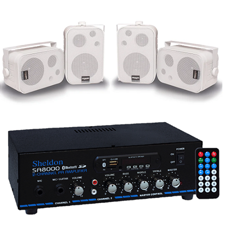 Kit som ambiente receiver Sheldon SA8000 + 4 caixas sp400 branca