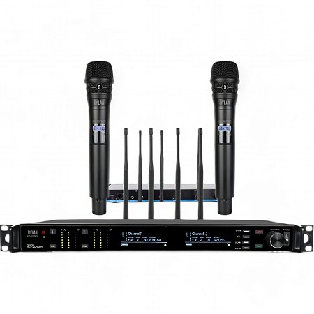 Microfone Dylan QS-10 Duplo de mão Rack True Diversity 100mt alcance