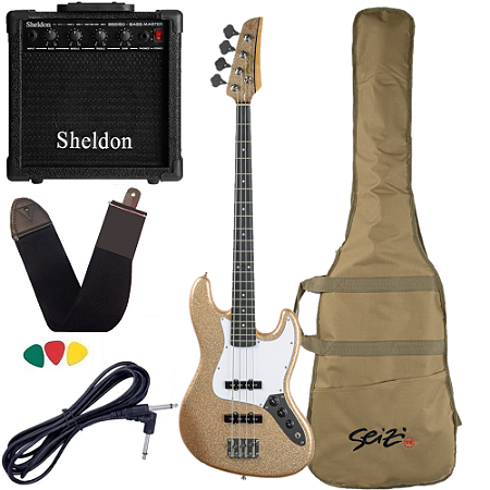 Kit Baixo Seizi Fun Jazu (Jb) 4 Desert Gold Sparkle Dourada + Amplificador