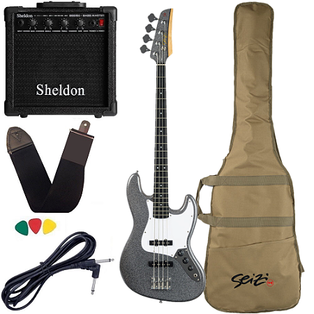 Kit Baixo Seizi Fun Jazu (Jb) 4 Space Grey Sparkle Prata + Amplificador