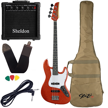 Kit Baixo Seizi Fun Jazu (Jb) 4 Lava Red Sparkle Vermelha + Amplificador