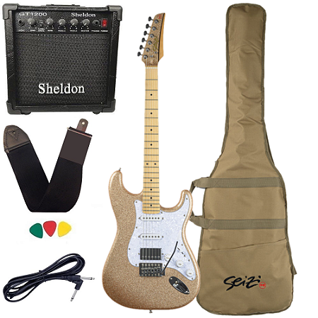 Kit Guitarra Seizi Fun Katana Musashi Hss Desert Gold Sparkle Dourada Amplificador