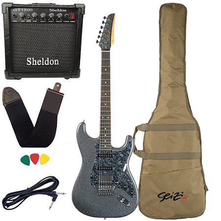 Kit Guitarra Seizi Fun Katana Musashi Hss Space Grey Silver Cinza Amplificador