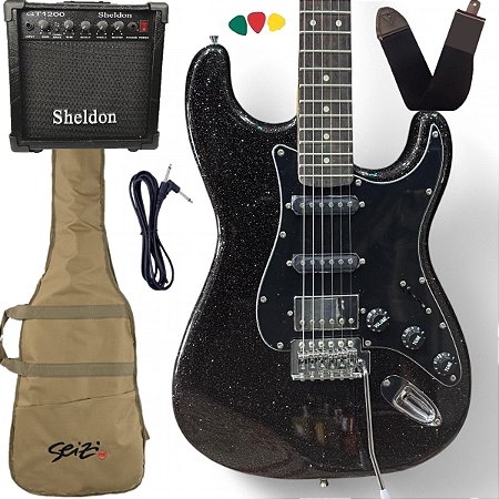 Kit Guitarra Seizi Fun Katana Musashi Hss All Black escudo preto Amplificador
