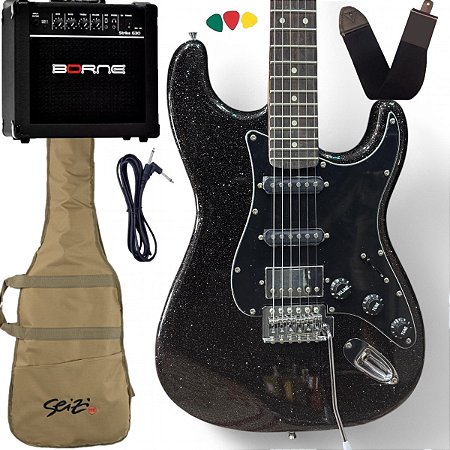 Kit Guitarra Seizi Fun Katana Musashi Hss All Black escudo preto Cubo Borne