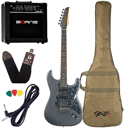Kit Guitarra Seizi Fun Katana Musashi Hss Space Grey Silver Cinza Cubo Borne
