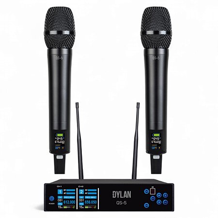 Microfone Sem Fio Dylan QS-5 Duplo Mão 2x150 Canais Uhf Preto Bateria recarregável