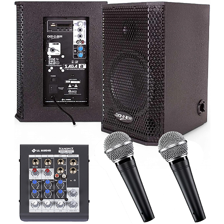 Kit Caixas de som Donner Ativa + Passiva 150w Mesa 4 canais Mic c/fio