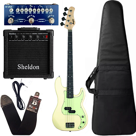 Kit Baixo Tagima Memphis MB40 Branco Vintage Creme + Amplificador Pedaleira e acessórios