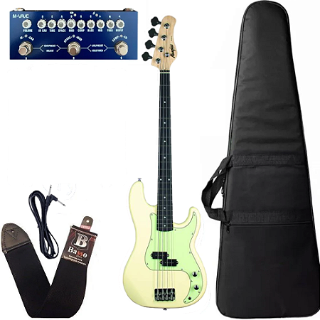Kit Baixo Tagima Memphis MB40 Branco Vintage Creme + Pedaleira e acessórios