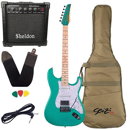 Kit Guitarra Seizi Fun Katana Musashi HSS Turquoise Sparkle Amplificador