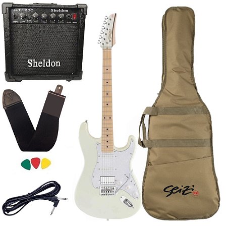 Kit Guitarra Seizi Fun Katana Musashi HSS MP Snow White Sparkle Amplificador