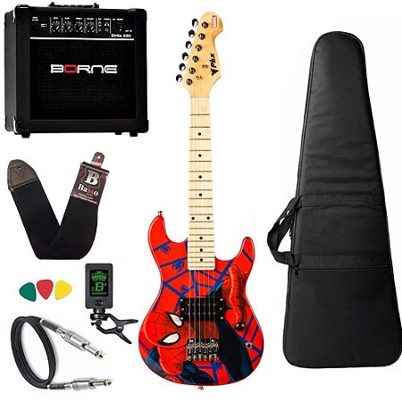 Kit completo Guitarra Infantil Phx Homem Aranha Spider Caixa Borne