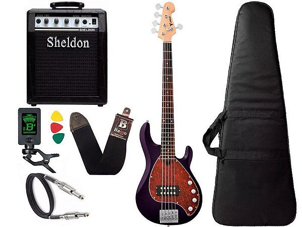 Kit Contra Baixo Phx Msr Five Msr5 Roxo Amplificador Caixa Sheldon