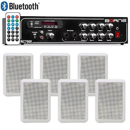 Kit Som Ambiente Borne Rc7000 Usb Fm 6 Arandelas Retangular