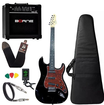 Kit Guitarra Giannini G100 Preto Vinho Cubo Borne Afinador