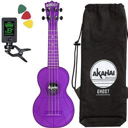 Ukulele Ghost transparente roxo Akahai afinador capa