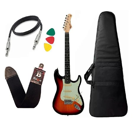 Kit Guitarra Tagima Tg500 Sunburst Capa Bag Correia Palhetas