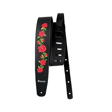 Correia De Violao Baixo Guitarra Preto E Floral Basso Vtfl01