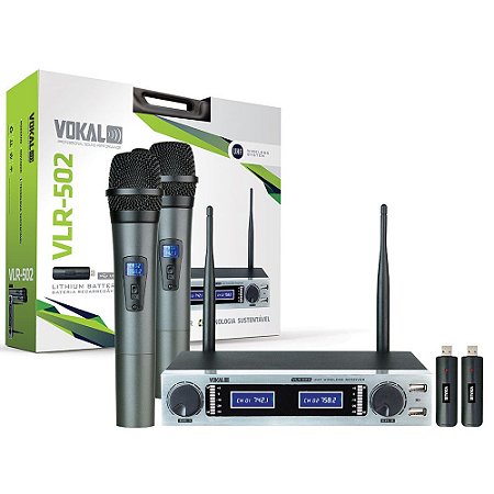 Microfone Sem Fio Vokal Vlr502 Duplo Lithium Recarregavel