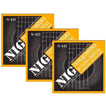Kit 3 Encordoamentos De Violão Nylon Nig N415 Clássico Cristal Prateado Tensão Média Corda (ré) Brinde