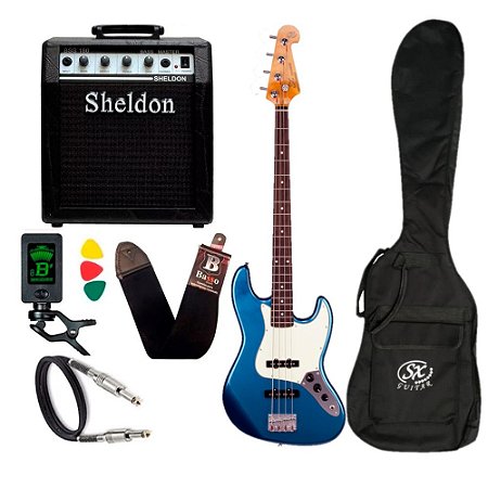Kit Baixo Sx Sjb62 Lpb Azul Jazz Bass Amplificador Sheldon
