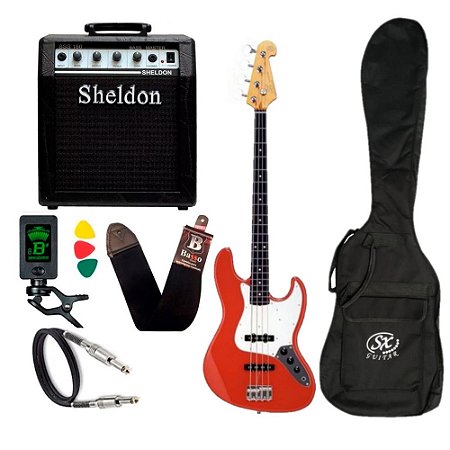 Kit Baixo Sx Jazz Bass 4 Cordas Sjb62 Vermelho Amplificador Sheldon