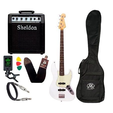 Kit Baixo Sx Jazz Bass 4 Cordas Sjb62 Branco Amplificador Sheldon