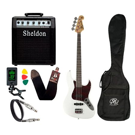 Kit Contra Baixo Sx JazzBass Bd1 White 4 Cordas Amplificador Sheldon