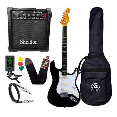 Kit Guitarra Sx Vintage Sst62 Preta Amplificador Sheldon