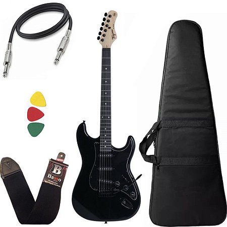 Kit Guitarra Tagima Tg500 Preto Black Strato Capa Bag Alça