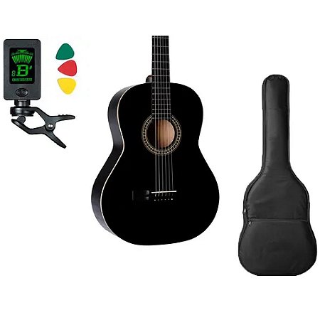 Kit Violão Giannini Gs15 Aço Preto Afinador Capa