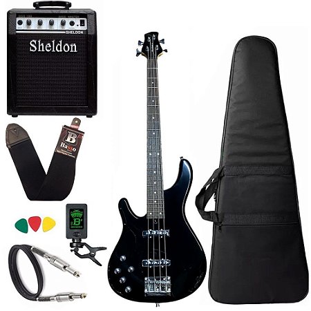 Kit Baixo Canhoto Tagima Millenium 4 Preto Amplificador Sheldon