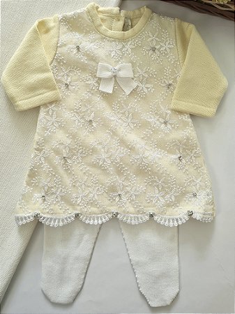 Vestido Tricot Renda Flores Amarelo