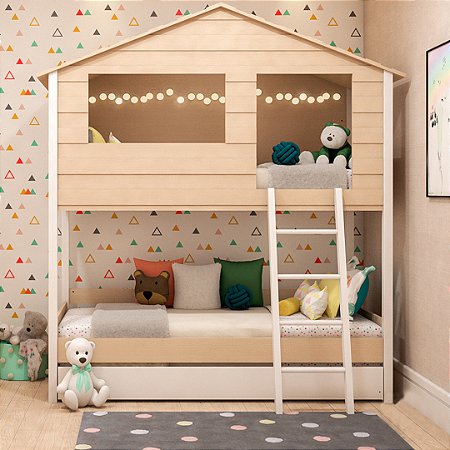 Beliche com Casinha e Cama Auxiliar em Carvalho