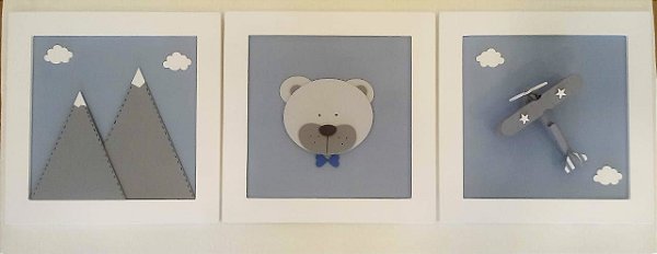 Quadro Conjunto Urso Montanha e Aviãozinho